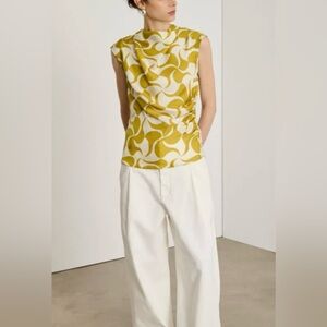 Soeur Eclat Silk Blouse Graphic Cowl Neck Sleeveless French Chic Top M